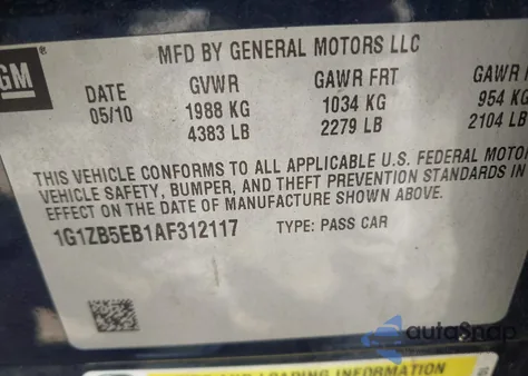 2010 Chevrolet Malibu Ls from USA, damaged, VIN 1G1ZB5EB1AF312117